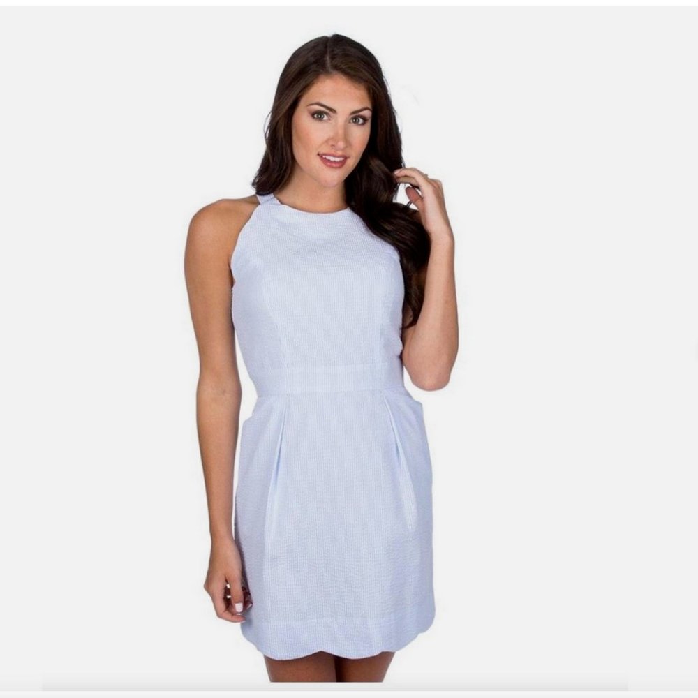 NWT Women's Lauren James Landry Seersucker Blue Stripe Sleeveless Dress Medium